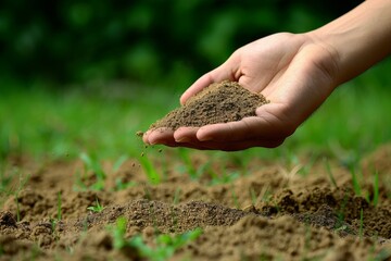 Hand holding soil, close up with green background, natural light, focusing on texture and fertility, showcasing gardening and connection with earth