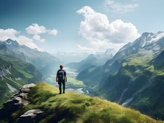 Fototapeta premium Hiking On Mountain, people&nbsp;with backpack hiking on mountain peaks, Hiking on green and Icy mountains, foggy hills, Hiking on open natural air, travel on mountain.