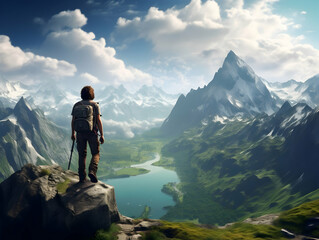 Obraz premium Hiking On Mountain, people&nbsp;with backpack hiking on mountain peaks, Hiking on green and Icy mountains, foggy hills, Hiking on open natural air, travel on mountain.