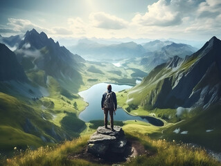 Hiking On Mountain, people with backpack hiking on mountain peaks, Hiking on green and Icy mountains, foggy hills, Hiking on open natural air, travel on mountain.