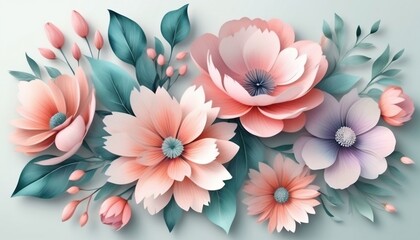 Flowers in the style of watercolor art. Luxurious floral elements, botanical background prints and invitations, postcards. Beautiful delicate flowers 3D illustration created with generative ai.