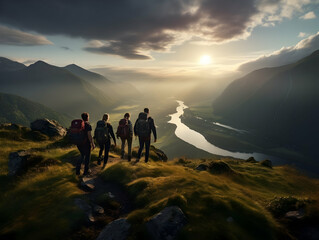 Obraz premium Hiking On Mountain, people&nbsp;with backpack hiking on mountain peaks, Hiking on green and Icy mountains, foggy hills, Hiking on open natural air, travel on mountain.