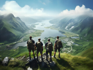 Obraz premium Hiking On Mountain, people&nbsp;with backpack hiking on mountain peaks, Hiking on green and Icy mountains, foggy hills, Hiking on open natural air, travel on mountain.