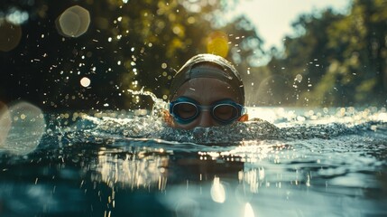 Side view of a swimmer swim in outdoor. - Powered by Adobe