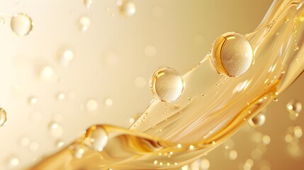 Obraz premium A closeup of glossy, round droplets suspended in midair on an abstract background, symbolizing the golden color tone of skin care products.