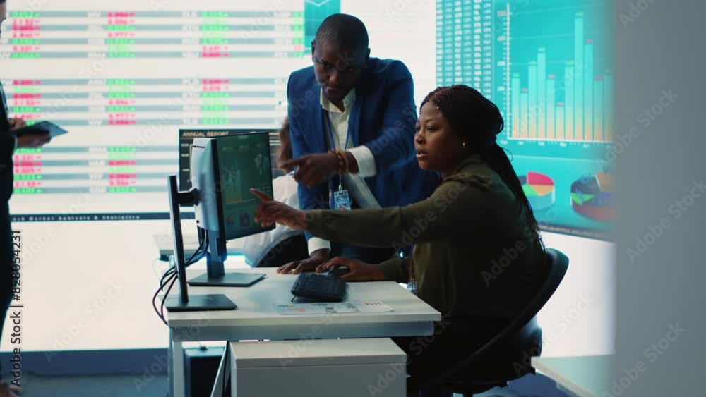 Poster business associates evaluating key performance indicators within the company, conducting evaluations