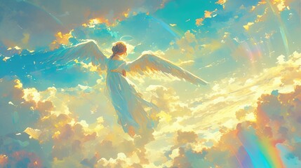 An angel gracefully soaring in the sky its presence illuminated near the colorful hues of a rainbow