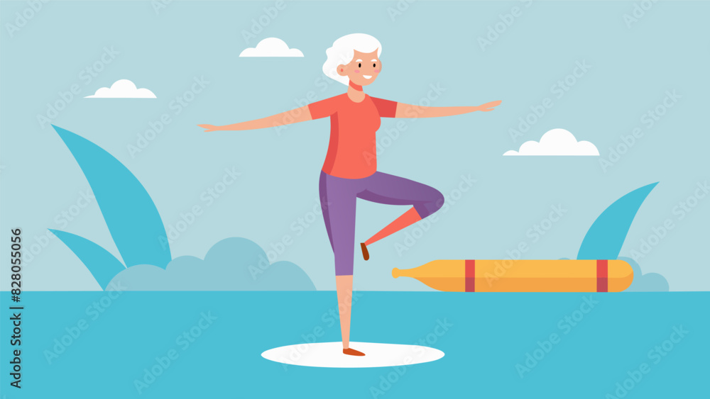 Aufkleber a senior participant balancing on one leg in the water supported by a pool noodle working on balance