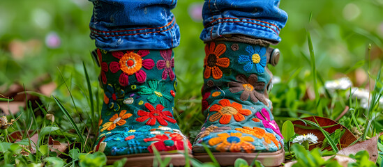Smiling children's patterned feet on green grass with selective nature focus, depicting happiness and carefree outdoor fun.