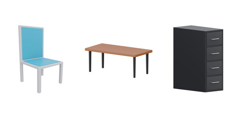 3d dining chair, dinner table, drawer. 3d interior building set. Transparent background
