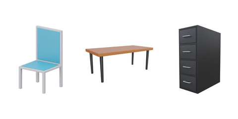 Fototapeta premium 3d dining chair, dinner table, drawer. 3d interior building set. Transparent background