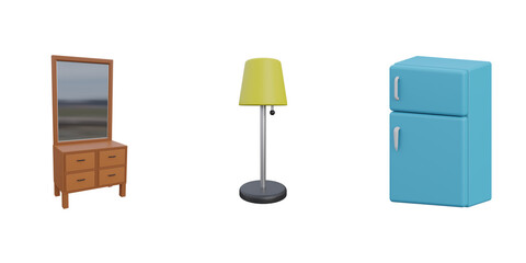 3d dressing table, floor lamp, fridge. 3d interior building set. Transparent background