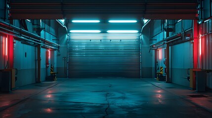 Fototapeta premium A large, empty garage with an open roller door illuminated by bright lights. The background is dark and the lighting creates a sense of mystery or intrigue.