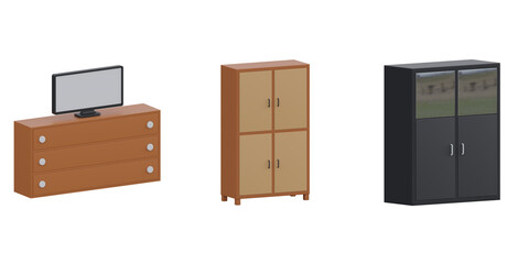 3d tv stand, wardrobe. 3d interior building set. Transparent background