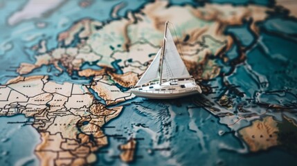 A model vintage sailing ship on world map