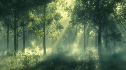 Obraz premium A misty forest scene with tall trees and fog rising from the ground, creating an ethereal atmosphere.