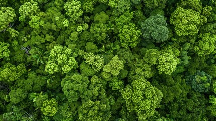 Fototapeta premium Aerial top view of green trees in forest. Drone view of dense green tree captures CO2. Green tree nature background for carbon neutrality and net zero emissions concept. Sustainable green environment.