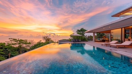 Fototapeta premium Swimming pool of a large mansion at sunset.