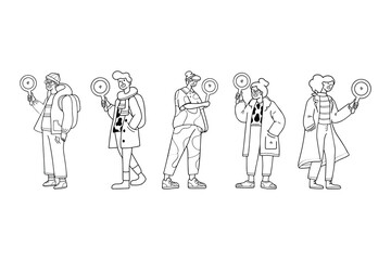 illustration of humans holding a magnifying glass set