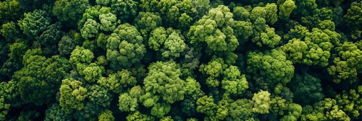 Naklejka premium Aerial top view of green trees in forest. Drone view of dense green tree captures CO2. Green tree nature background for carbon neutrality and net zero emissions concept. Sustainable green environment.