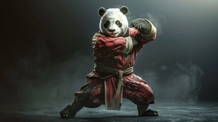 3D cartoon character of a panda doing kung-fu with dark background.