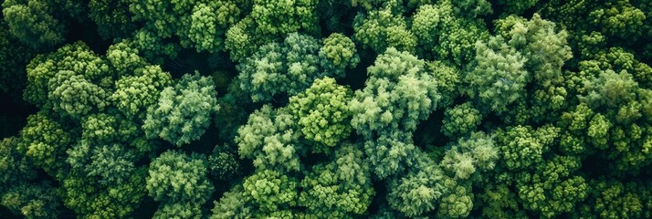 Naklejka premium Aerial top view of green trees in forest. Drone view of dense green tree captures CO2. Green tree nature background for carbon neutrality and net zero emissions concept. Sustainable green environment.