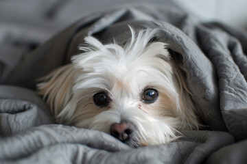 Small Dog Wrapped in Blanket