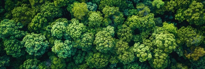 Naklejka premium Aerial top view of green trees in forest. Drone view of dense green tree captures CO2. Green tree nature background for carbon neutrality and net zero emissions concept. Sustainable green environment.