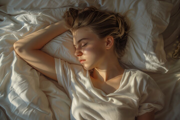 Fototapeta premium Woman Relaxing in Bed with Morning Sunlight