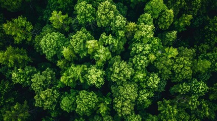 Naklejka premium Aerial top view of green trees in forest. Drone view of dense green tree captures CO2. Green tree nature background for carbon neutrality and net zero emissions concept. Sustainable green environment.