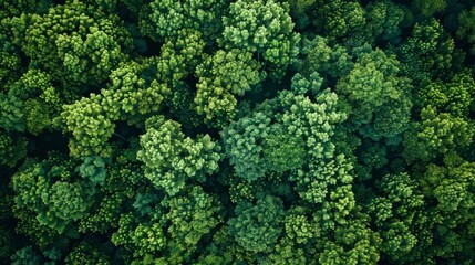 Aerial top view of green trees in forest. Drone view of dense green tree captures CO2. Green tree nature background for carbon neutrality and net zero emissions concept. Sustainable green environment.