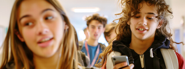 Fototapeta premium A lively group of high school friends, their youthful energy palpable as they navigate the school hallway, phones in hand.