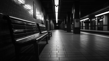 desolate subway station platform with an empty bench in black and white