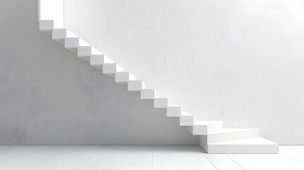 A white wall with a simple staircase leading up to the right, creating an abstract and minimalist composition.