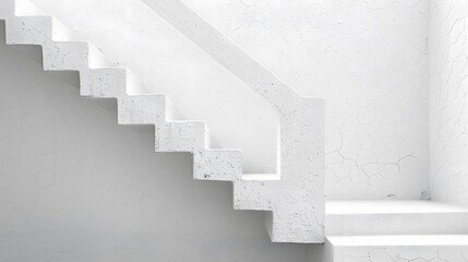 A white wall with a simple staircase leading up to the right, creating an abstract and minimalist composition.