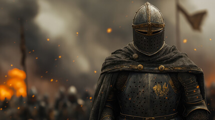 medieval knight in armor standing on a battlefield, historical reenactment concept