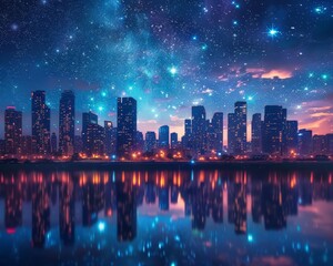Fototapeta premium Nighttime urban skyline with towering skyscrapers illuminated by vibrant city lights, reflections glistening on a calm river, starry sky above