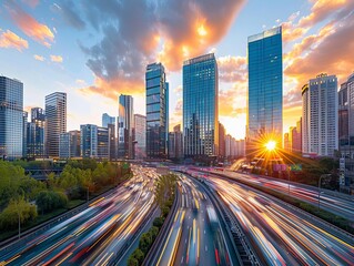 Obraz premium Panoramic view of a bustling city skyline at sunset, with golden hues reflecting off the glass buildings and a busy highway in the foreground