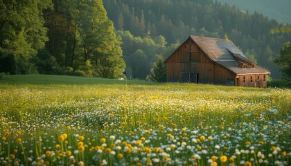 Picturesque rustic barn nestled in a lush green meadow, wildflowers blooming around, clear sky and distant forest backdrop