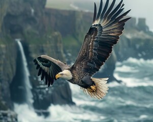 Obraz premium Powerful eagle soaring over a rugged coastline, sharp eyes scanning the water below, dramatic cliffs and crashing waves in the background