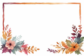 Vibrant watercolor border featuring autumn and Thanksgiving motifs: colorful leaves, pumpkins, and an assortment of seasonal fruits.