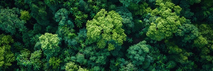 Fototapeta premium Aerial top view of green trees in forest. Drone view of dense green tree captures CO2. Green tree nature background for carbon neutrality and net zero emissions concept. Sustainable green environment.