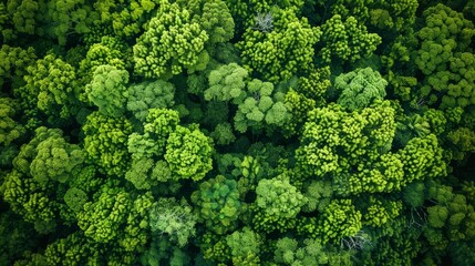 Naklejka premium Aerial top view of green trees in forest. Drone view of dense green tree captures CO2. Green tree nature background for carbon neutrality and net zero emissions concept. Sustainable green environment.