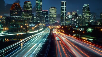 Fototapeta premium The highspeed air taxis leave streaks of bright light in their wake as they dart through the citys skyline.