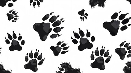 Fototapeta premium Black dog paw prints seamless pattern on white background vector illustration, flat design, vector art, flat style, simple shapes.