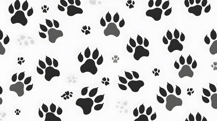 Fototapeta premium Black dog paw prints seamless pattern on white background vector illustration, flat design, vector art, flat style, simple shapes.