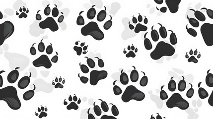 Fototapeta premium Black dog paw prints seamless pattern on white background vector illustration, flat design, vector art, flat style, simple shapes.