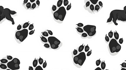Fototapeta premium Black dog paw prints seamless pattern on white background vector illustration, flat design, vector art, flat style, simple shapes.