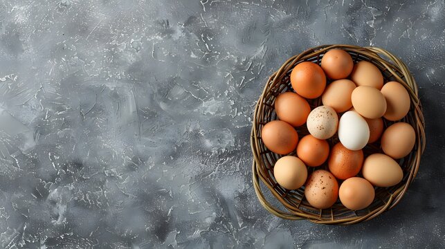 Eggs in a basket on a grey background, top view, flat lay. Beige and brown eggs. Natural food concept. with space for copy text. Top down of fresh chicken eggs. - Powered by Adobe