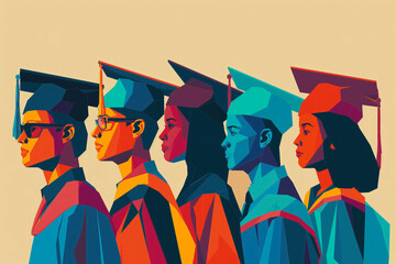 colorful vector illustration of diverse graduates in cap and gown, profile view